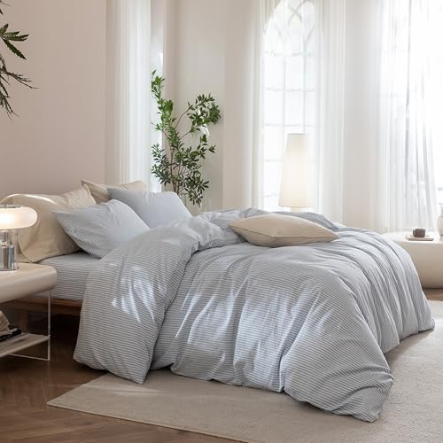 JIYUAN King Washed Cotton Duvet Cover Set, 3-Piece, Linen-Like Pinstripe