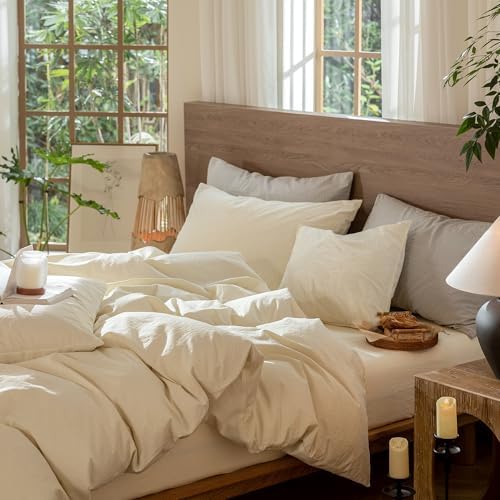 MooMee Wavy Striped Duvet Cover Set 100% Washed Cotton Linen Like Textured Breathable Durable Soft Comfy (Cream White, Queen 90"x90")