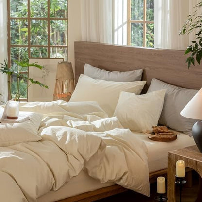 MooMee Wavy Striped Duvet Cover Set 100% Washed Cotton Linen Like Textured Breathable Durable Soft Comfy (Cream White, Queen 90"x90")