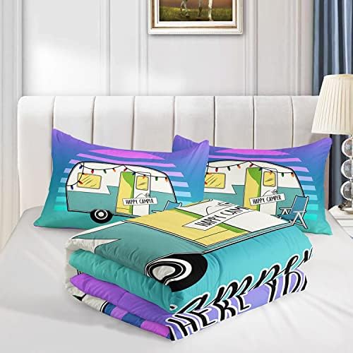 HOSIMA Happy Camping Decor Comforter Set,Cartoon Camper Bedding Queen Size for Kids Teen Girls Boys Room Decor,Camper Accessories for Travel Trailers Themed Bedding with 2 Pillowcases.