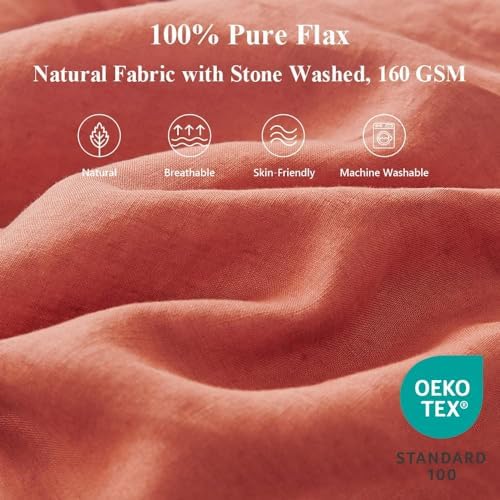 Simple&Opulence 100% Linen Duvet Cover Set 3pcs with Bowknot Ties Closure Natural French Washed Flax Solid Color Soft Breathable Farmhouse Bedding - Brick Red, King Size