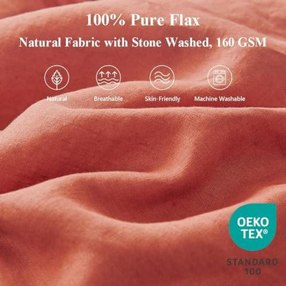 Simple&Opulence 100% Linen Duvet Cover Set 3pcs with Bowknot Ties Closure Natural French Washed Flax Solid Color Soft Breathable Farmhouse Bedding - Brick Red, King Size