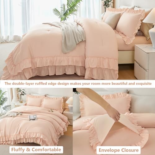 ANGIYUIN 5Pcs Pink Girls Twin Comforter Set Ruffle Bed in A Bag with Sheets