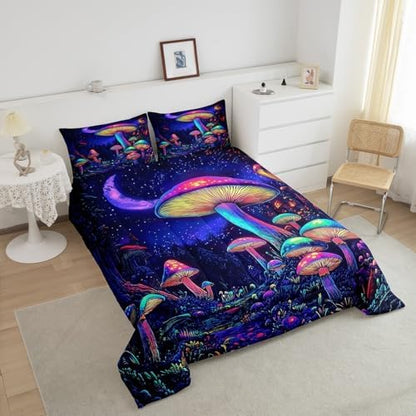 jejeloiu Cute Mushroom Comforter Set Queen Size Kids Cartoon Mushrooms Bedding Set Boys Girls Kawaii Fungus Decor Duvet Breathable Starry Night Sky Quilt Bedroom Decor,1 Comforter with 2 Pillowcase
