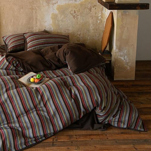 Vintage Striped Duvet Cover Set Twin, 100% Cotton Muslin Colorful Bohemian Stripes Printed Bedding Set, 3 Pieces Breathable Gauze Duvet Cover Farmhouse Retro Striped Comforter Cover for All Season