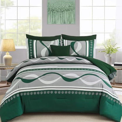 Anibedding Dark Green Comforter Set King,8 Pieces Striped Bed in a Bag