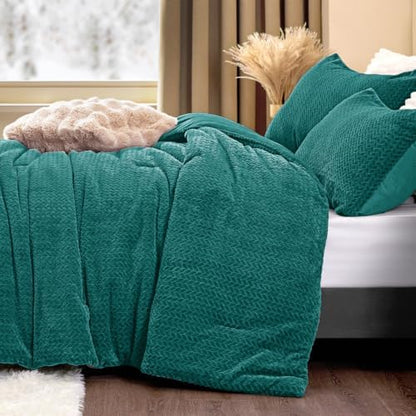 ChiXpace Fleece King Size Comforter Set Teal, Fluffy Bed Set 3 Pieces