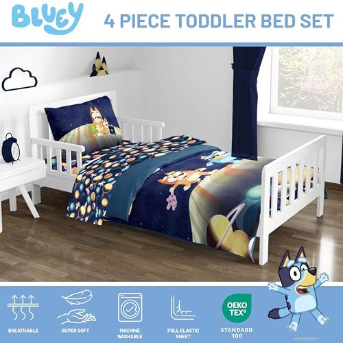 Jay Franco Kids Comforter Set Includes Sheets and Pillow Covers - Soft and Cozy Bed Set for Stylish Room Decor, Blue - Bluey & Bingo, 4 Piece Toddler