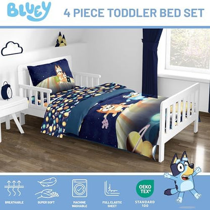 Jay Franco Kids Comforter Set Includes Sheets and Pillow Covers - Soft and Cozy Bed Set for Stylish Room Decor, Blue - Bluey & Bingo, 4 Piece Toddler