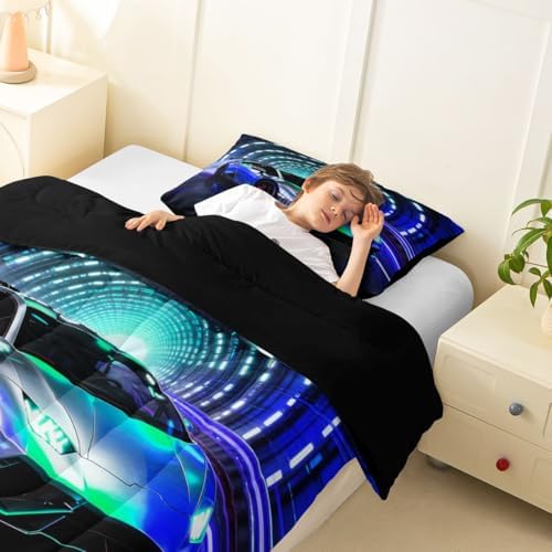 Feelyou Boys Sports Car Bedding Set Soft for Boys Girls, Speed Sports Comforter Set Toddler Size Blue Racing Car Duvet Quilt Microfiber Extreme Sports Bedroom Decor 2 Pcs with 1 Pillow Cases