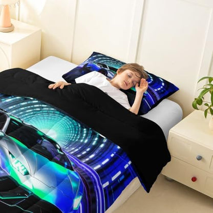Feelyou Boys Sports Car Bedding Set Soft for Boys Girls, Speed Sports Comforter Set Toddler Size Blue Racing Car Duvet Quilt Microfiber Extreme Sports Bedroom Decor 2 Pcs with 1 Pillow Cases