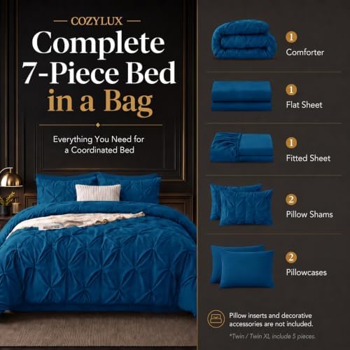 CozyLux Full Size Comforter Sets Teal, 7 Pieces Pintuck Bed in a Bag