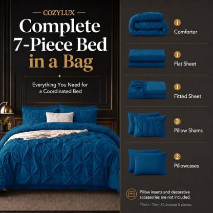 CozyLux Full Size Comforter Sets Teal, 7 Pieces Pintuck Bed in a Bag