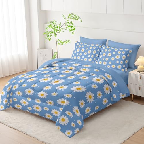 7Pcs Comforter Set Daisy Flowers Printed Bedding Set with 1 Comforter,1 Flat Sheet,1 Fitted Sheet and 4 Pillowcases for Men and Women Bedroom All Season(Full)