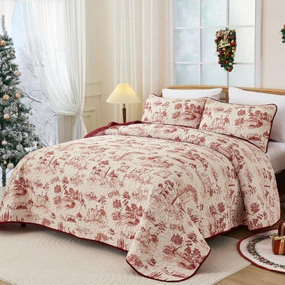 Drucon King Red Quilt Set,Christmas Toile Lightweight Bedspreads Coverlet Bedding Set, Soft Microfiber Quilt Bed Cover for All Season - 3 Piece (1 Quilt, 2 Pillow Shams)