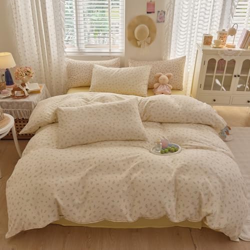 VM VOUGEMARKET Pink Blue Floral Duvet Cover Set Twin with Green Leaves Soft Breathable Muslin Cotton Bedding Set,Off-White Comforter Cover and 2 Pillowcases for Teen Girls
