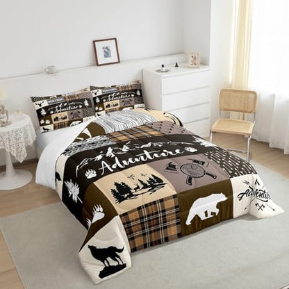Castle Fairy Bear Print Full Size Comforter Set,Deer Antler Wolf Animals Hunting Adventure Bedding Comforters Bedroom Collection,Lodge Arrow Retro Brown Camper Plaid Bedding Set for Girls Teens