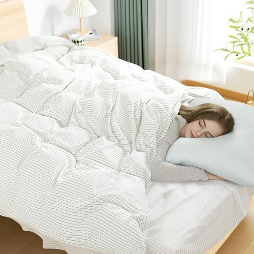 NEXHOME PRO Striped Duvet Cover Oversized King,100% Washed Cotton Bedding Set,Textured Linen Feel,Breathable,Organic,3 Piece(Green Stripes 120x98)