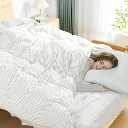 NEXHOME PRO Striped Duvet Cover Oversized King,100% Washed Cotton Bedding Set,Textured Linen Feel,Breathable,Organic,3 Piece(Green Stripes 120x98)