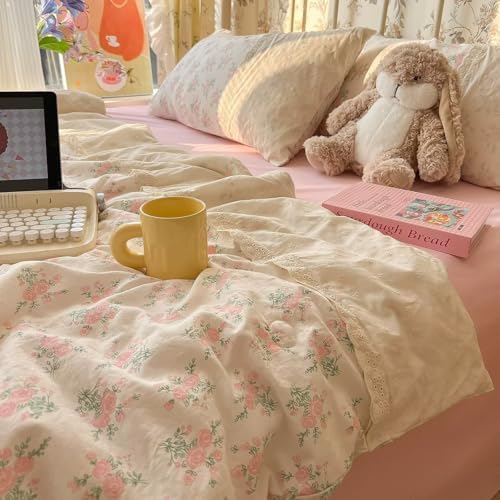 mixinni Vintage Floral Duvet Cover Set - 3 Piece King Size Pink Cottagecore Bedding with Lace Trim, Shabby Chic Bedding Set, Includes 1 Duvet Cover & 2 Pillowcases, Boho Aesthetic for Girls & Dorms