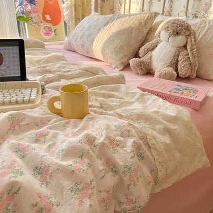 mixinni Vintage Floral Duvet Cover Set - 3 Piece King Size Pink Cottagecore Bedding with Lace Trim, Shabby Chic Bedding Set, Includes 1 Duvet Cover & 2 Pillowcases, Boho Aesthetic for Girls & Dorms