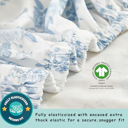 Brandream French Country Toile Crib Bedding Set for Girls Vintage Blue Grandmillennial Toile Floral Print 100% Cotton Baby Girl Nursery Bedding - 3 Pieces Ruffles Quilt,Toile Crib Sheet,Crib Bed Skirt