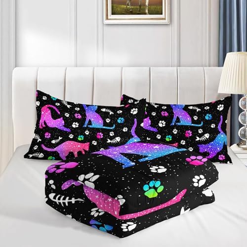 Axolotl Kids Gradient Cat Comforter Set King,3Pcs Cute Cats Bedding,Cartoon Paw Fish Bone Print Quilt Set with 1 Comforter 2 Pillowcases,Glitter Stars Bedding for Kids Boys Girls Teens Adults
