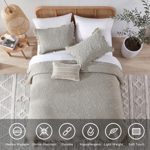 HORIMOTE HOME Beige Ruffled Quilt King Size, Stone-Washed Microfiber Lightweight Crinkled Farmhouse Rustic Shabby Chic Bedding Set, 3 Pieces Reversible Bedspread with Pillow Shams for All Season