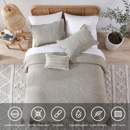HORIMOTE HOME Beige Ruffled Quilt King Size, Stone-Washed Microfiber Lightweight Crinkled Farmhouse Rustic Shabby Chic Bedding Set, 3 Pieces Reversible Bedspread with Pillow Shams for All Season