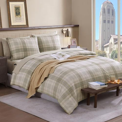 Plaid Twin XL Comforter Set Khaki Green 5 Pieces College Dorm Bed in a Bag