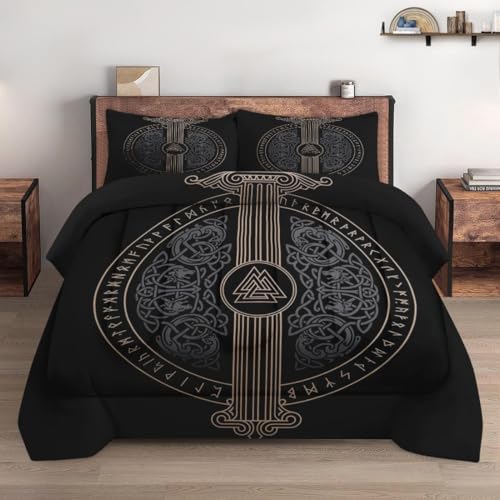 Pamnest Comforter Set Full Size, Tree Viking Norse Soft 3 Pcs Bedding for Kids and Adults, Dragon Medieval Gothic Comforter Set with 2 Pillowcases, for Bedroom Bed Decor