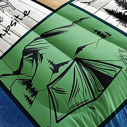 HOSIMA Happy Camping Decor Comforter Set,Cartoon Camper Bedding Queen Size for Kids Teen Girls Boys Room Decor,Camper Accessories for Travel Trailers Themed Bedding with 2 Pillowcases.