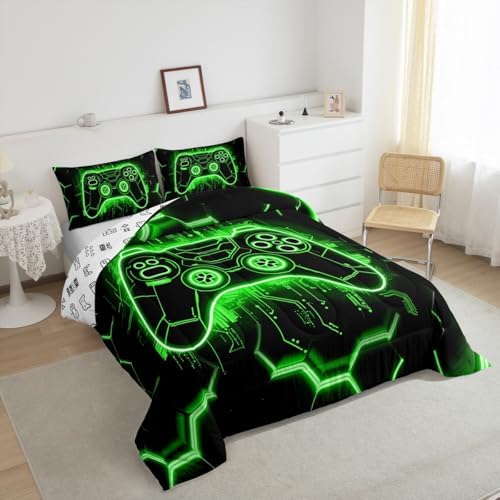 Feelyou Kids Green Gamer Comforter Set Toddler Size, Honeycomb Gaming Bedding Set Boys Girls Modern Game Console Comforter Gamepad Teens Duvet Set Bedroom Decor Bed Set 2Pcs