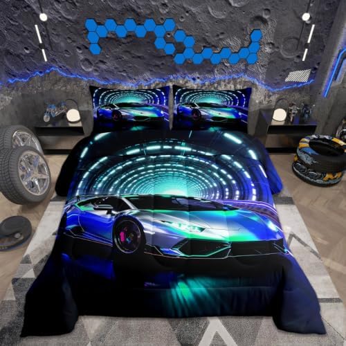 Feelyou Boys Sports Car Bedding Set Soft for Boys Girls, Speed Sports Comforter Set Toddler Size Blue Racing Car Duvet Quilt Microfiber Extreme Sports Bedroom Decor 2 Pcs with 1 Pillow Cases