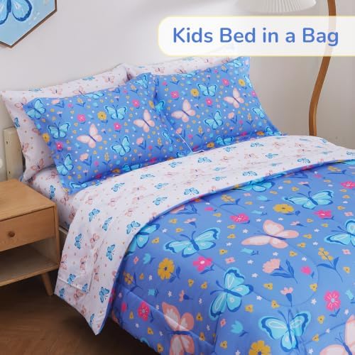 Viviland Kids Bedding Set Twin Size Comforter Sets, Bed in Purple Butterfly Cover Set for Children