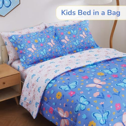 Viviland Kids Bedding Set Twin Size Comforter Sets, Bed in Purple Butterfly Cover Set for Children