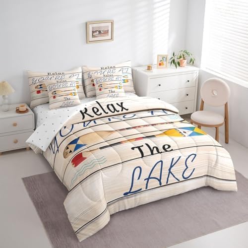 Erosebridal Lake Camping Comforter Set Twin Size,Oil Art Boat Paddle Bedding Set for Kids Teens,Wooden Plank (Comforter+Fitted+Flat Sheet+2 Pillowcases+2 Throw Pillow Covers) 7 Pieces Bed Set