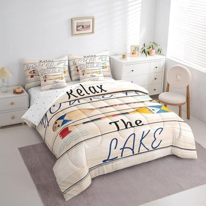 Erosebridal Lake Camping Comforter Set Twin Size,Oil Art Boat Paddle Bedding Set for Kids Teens,Wooden Plank (Comforter+Fitted+Flat Sheet+2 Pillowcases+2 Throw Pillow Covers) 7 Pieces Bed Set