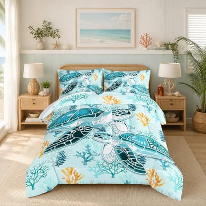 HOSIMA Coastal Beach Themed Sea Turtle Twin Comforter with 2 Pillowcases.