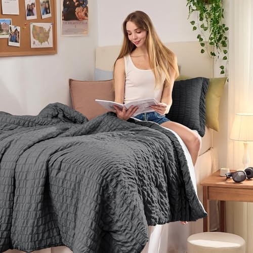 HYMOKEGE Dark Grey/Light Grey Twin XL Comforter Set Seersucker 5 Pieces, All Season Luxury Bed in a Bag for Bedroom, Bedding Set with Comforter, Sheets, Pillowcase & Sham
