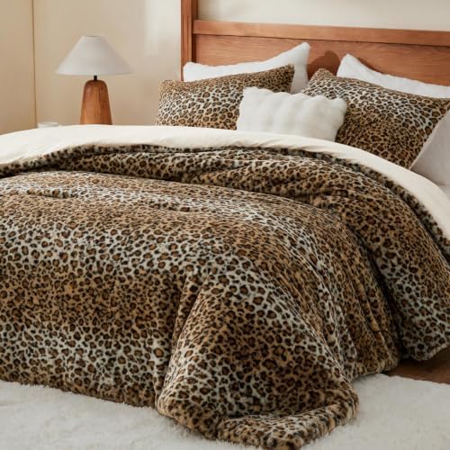 BEDELITE Faux Fur Queen Comforter Set Cheetah Print,Thick & Warm Comforter