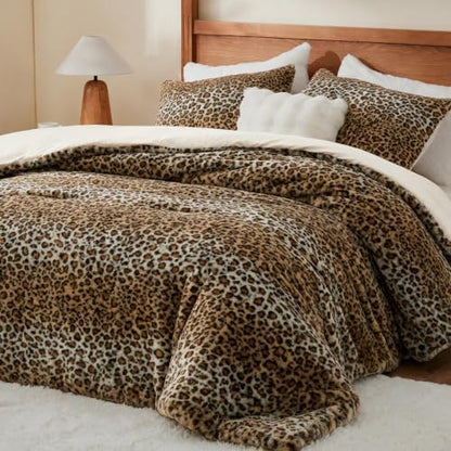 BEDELITE Faux Fur King Comforter Set Cheetah Print,Thick & Warm Comforter