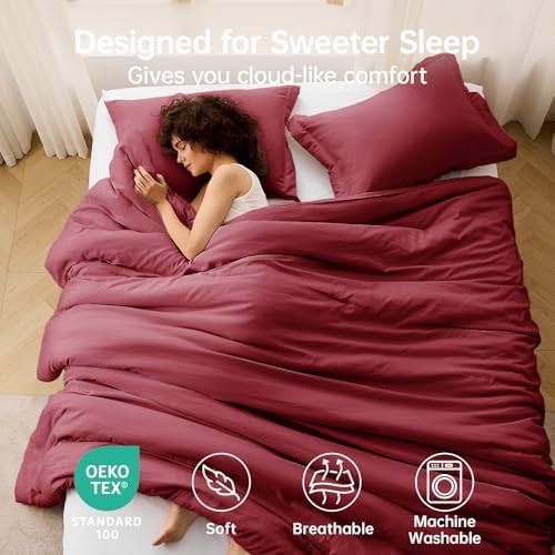 MUXHOMO California King Comforter Set, All Season Ultra Soft Down Alternative Bedding - 3 Piece Lightweight Bed Set Includes 1 Comforter (104"x96") and 2 Pillow Shams (20"x36"), Burgundy Red