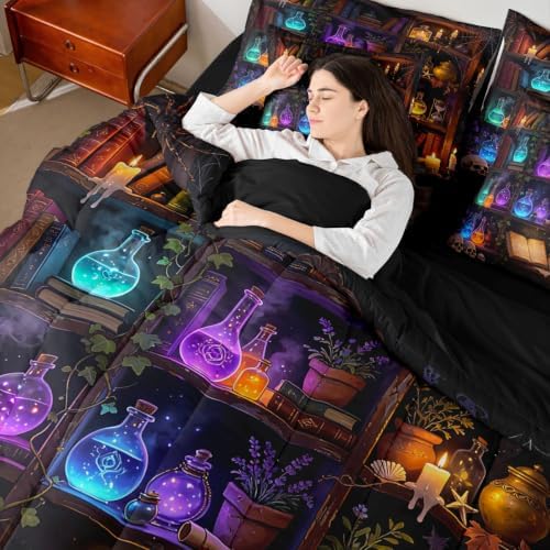 Erosebridal Retro Bookshelf Skull 7 Piece Bedding Set Twin Gothic Library Book Comforter Set with Sheets Retro Wizard Potion Bed in a Bag Halloween Plants Bed Sets Comforter
