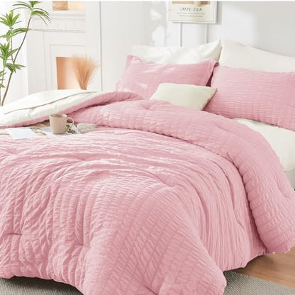 HYMOKEGE Pink/Ivory Queen Comforter Set Seersucker 7 Pieces, All Season Luxury Bed in a Bag Queen for Bedroom, Bedding Set with Comforter, Sheets, Pillowcases & Shams