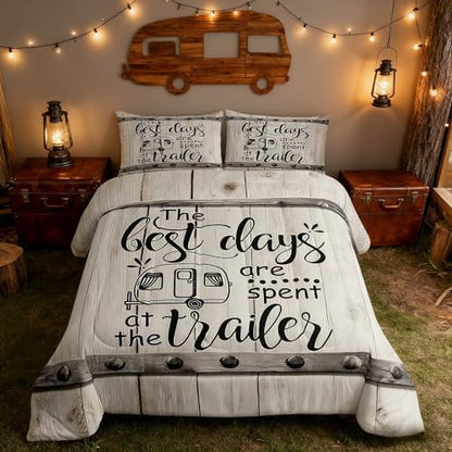 Camper Adventure Comforter Set Full Size,Happy Camping RV Trailer Decor Bedding Set 3pcs for Kids Boys Girls Adults,Rustic Farmhouse Wood Door Down Comforter,Beige Retro Duvet Insert,2 Pillowcases