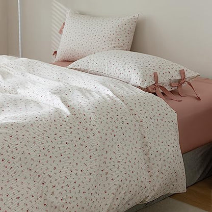 mixinni White Flower Pattern Duvet Cover Queen Cottage Pink Floral Stripes Duvet Cover Set 100% Cotton Bedding Set with Zipper Ties Bowknot Pillowcases, Easy Care, Soft and Breathable-Queen Size