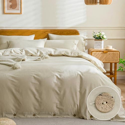 JELLYMONI Cotton Duvet Cover Twin Size - Light Khaki Comforter Cover with Button 100% Washed Cotton 2PCS Breathable Soft Solid Bedding Set Duvet Cover 68×90in & 1 Pillowcase (NO Comforter)