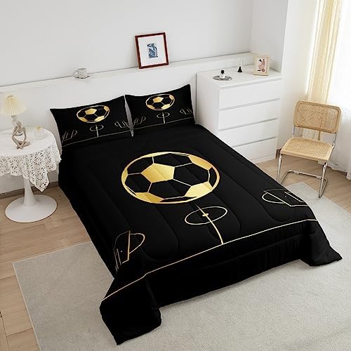 Kids Football Comforter Set Full Size Gold Geometric Lines Football Field Bedding Set 3Pcs for Boys Teens Men Room Decor Soccer Sport Games Quilt Set Fashion Black Duvet Insert,2 Pillowcases