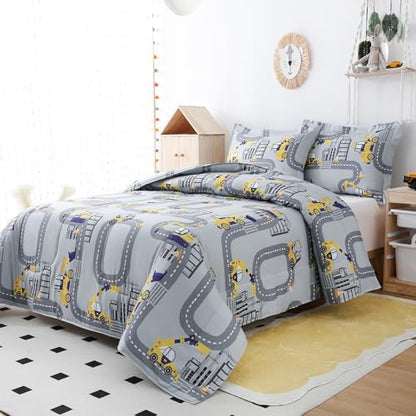 Yibeizi Truck Full Comforter for Boys Cute Grey Car Bedding Set